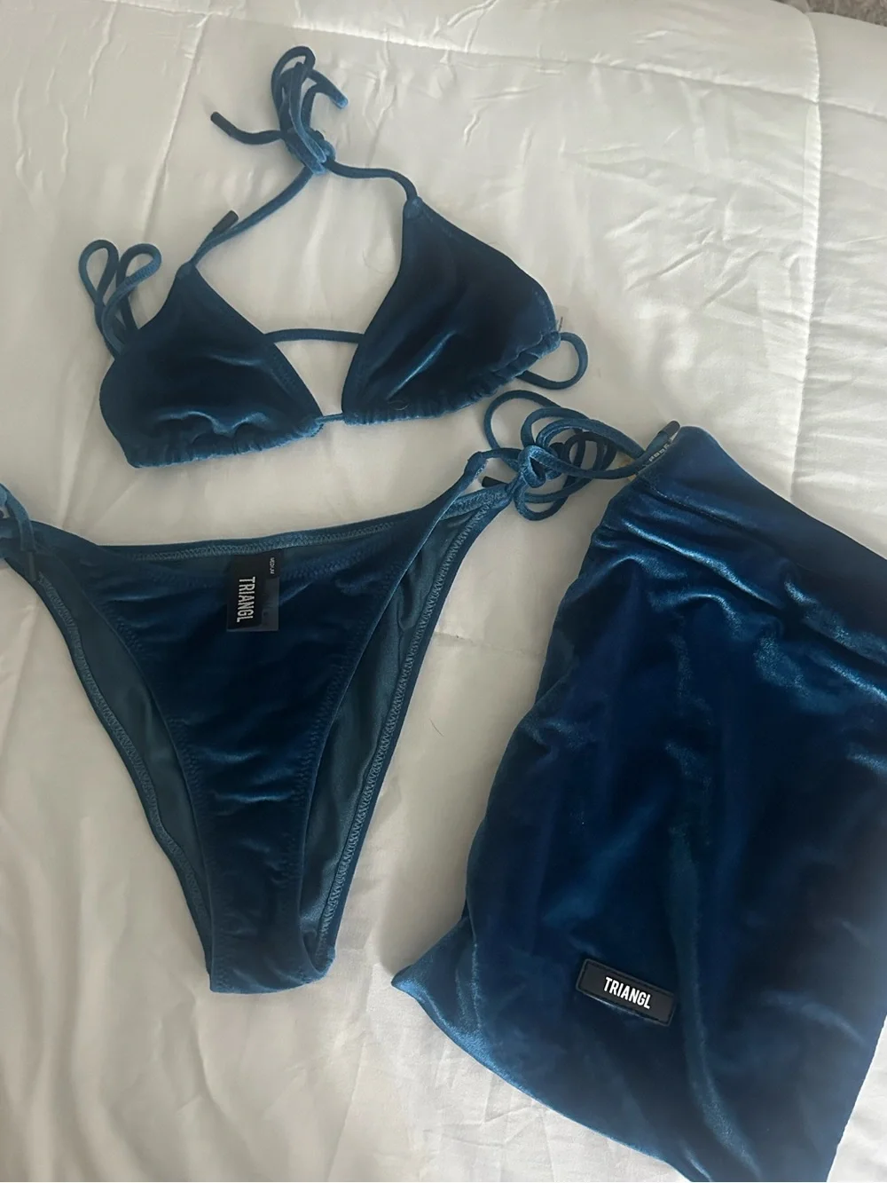 triangl swimwear Velvet Triangle Bikini Set in Teal Blue